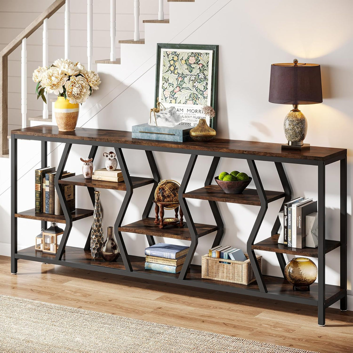 Tribesigns - Extra Long Narrow Sofa Console Table With 4 Tier Storage Shelves - Rustic Brown