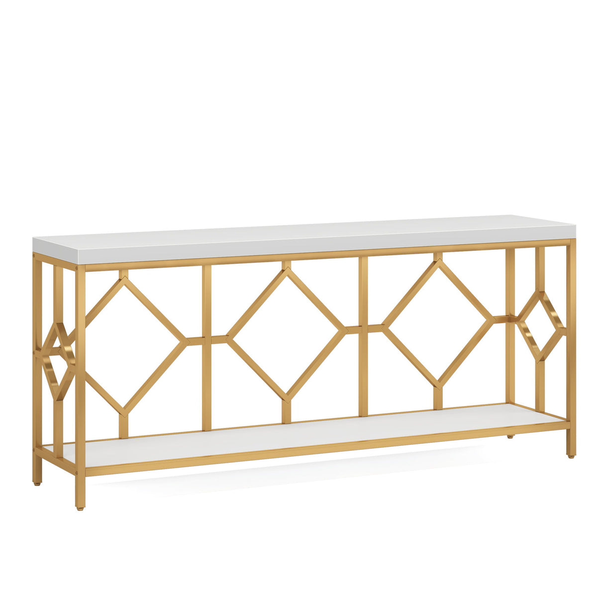 Extra Long Sofa Table With Diamond Pattern Frame, 2 Tier Open Storage For Living Room - White / Gold