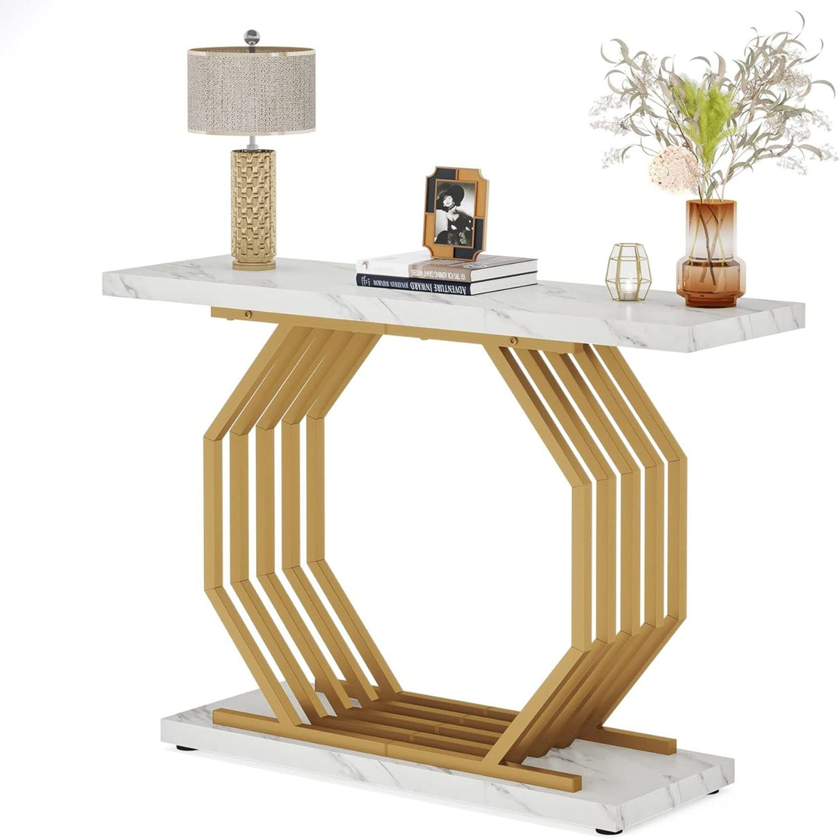 Accent Entryway Console Table With Geometric Bas For Living Hallway - White / Gold