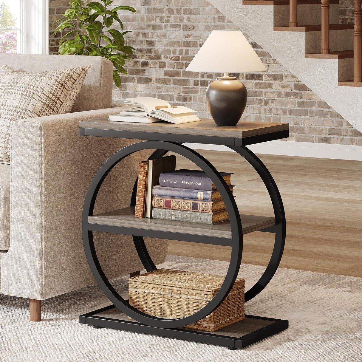 Industrial Narrow End Table With 3 Shelves