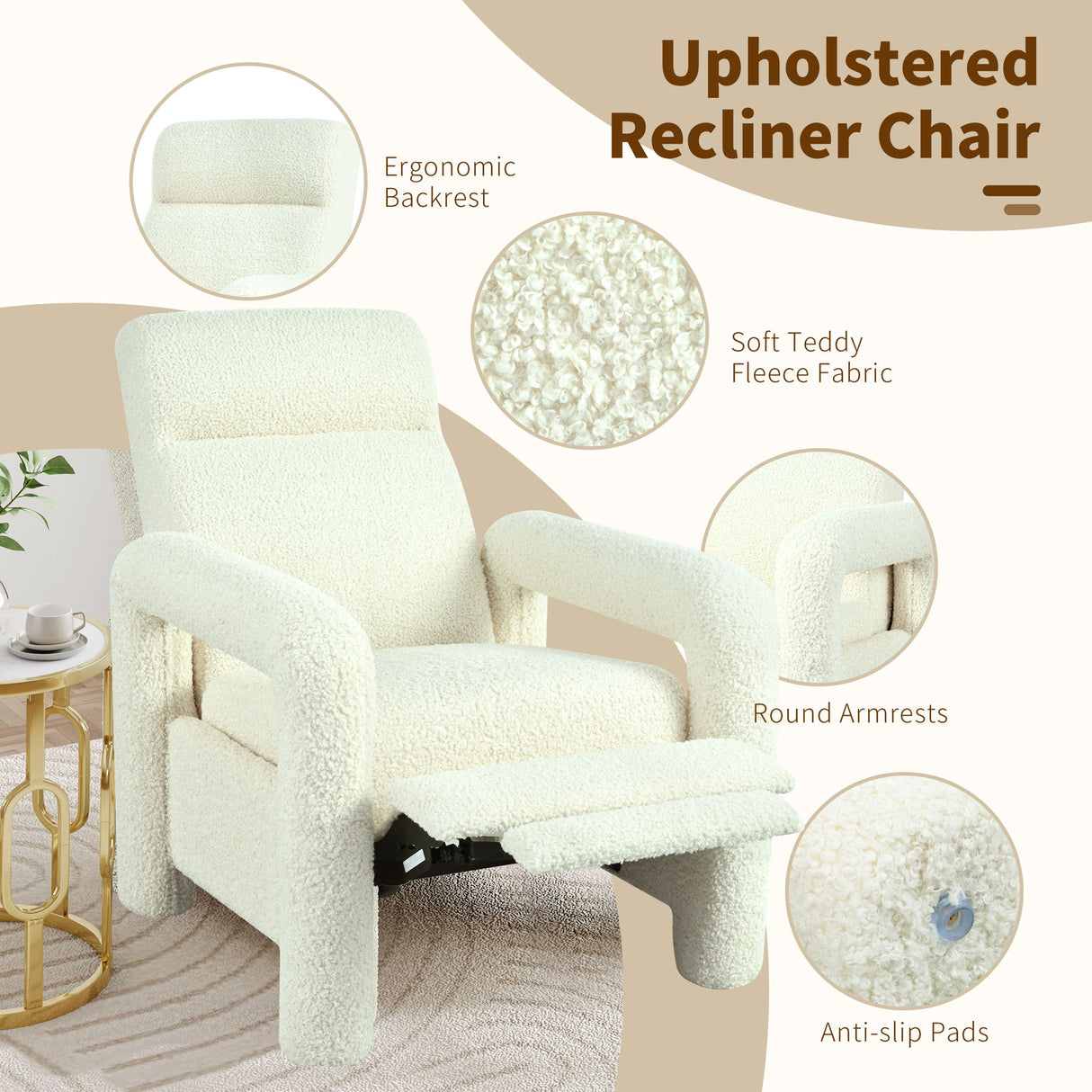 Push Back Recliner Armchair Upholstered Recliner Chair Single Sofa With Adjustable Backrest