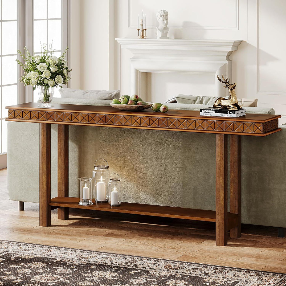 Extra Long Console Table, Sofa Table With 2 Tier Storage For Living Hallway - Rustic Brown