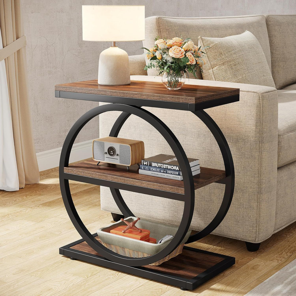 Industrial Narrow End Table With 3 Shelves