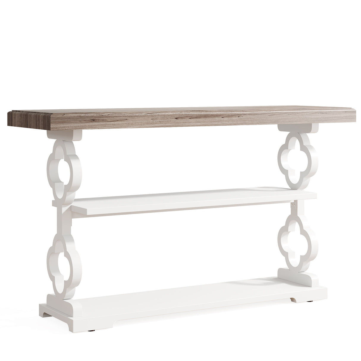 Console Sofa Table With 3 Shelves, Floral Carved Accent - Gray / White
