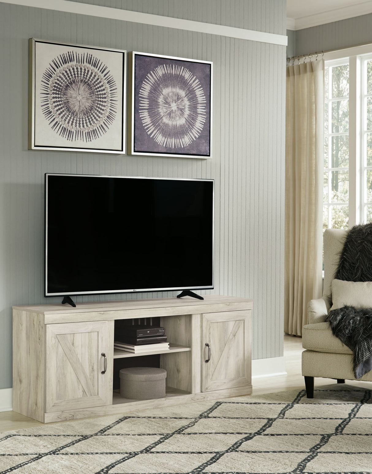 Bellaby - TV Stand With Faux Firebrick Fireplace Insert - Whitewash