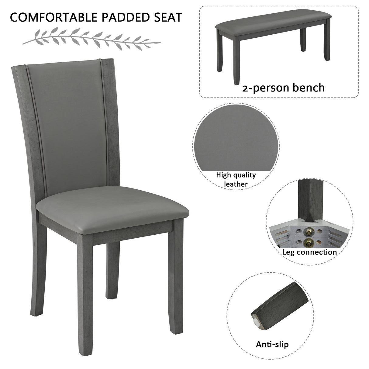 Modern 6 Piece Dining Table Set With Bench And Chairs For Dining Room Or Kitchen - Gray