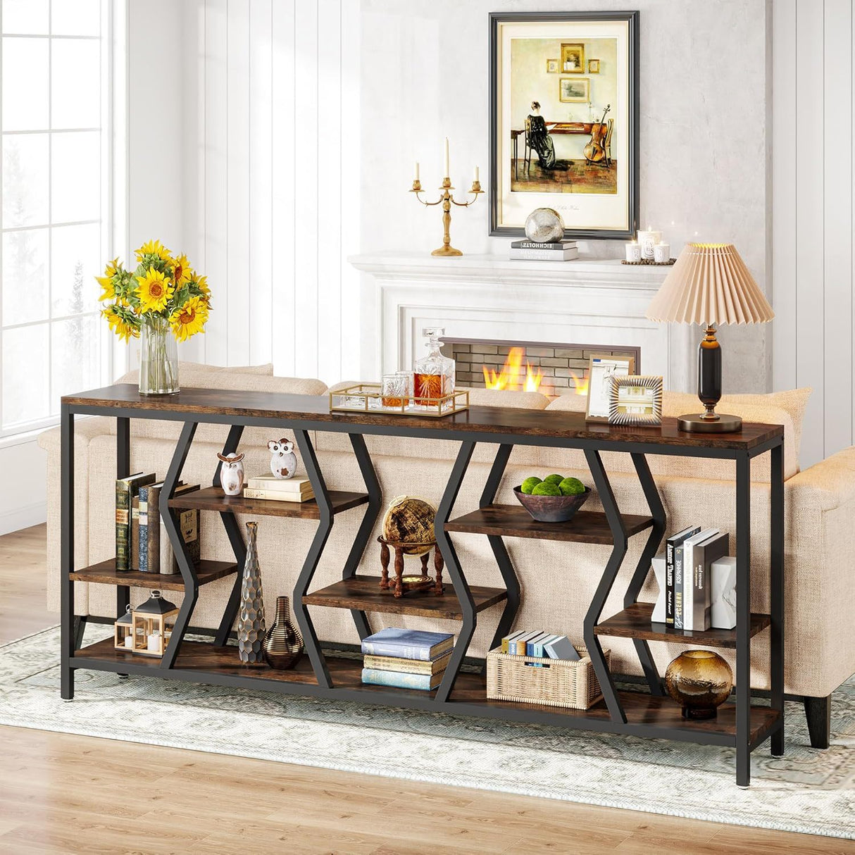 Tribesigns - Extra Long Narrow Sofa Console Table With 4 Tier Storage Shelves - Rustic Brown