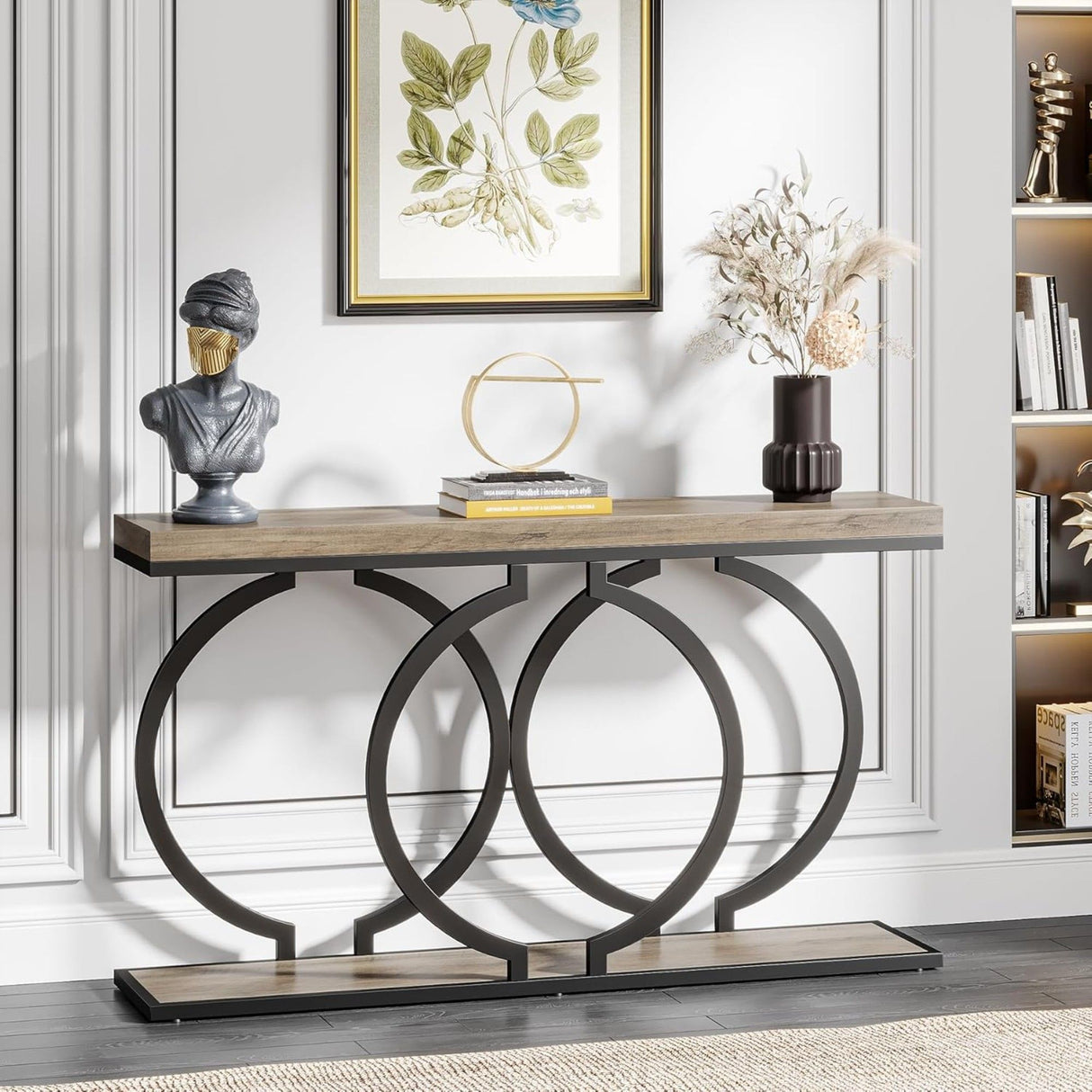 Console Table Narrow Long With Geometric Frame - Gray