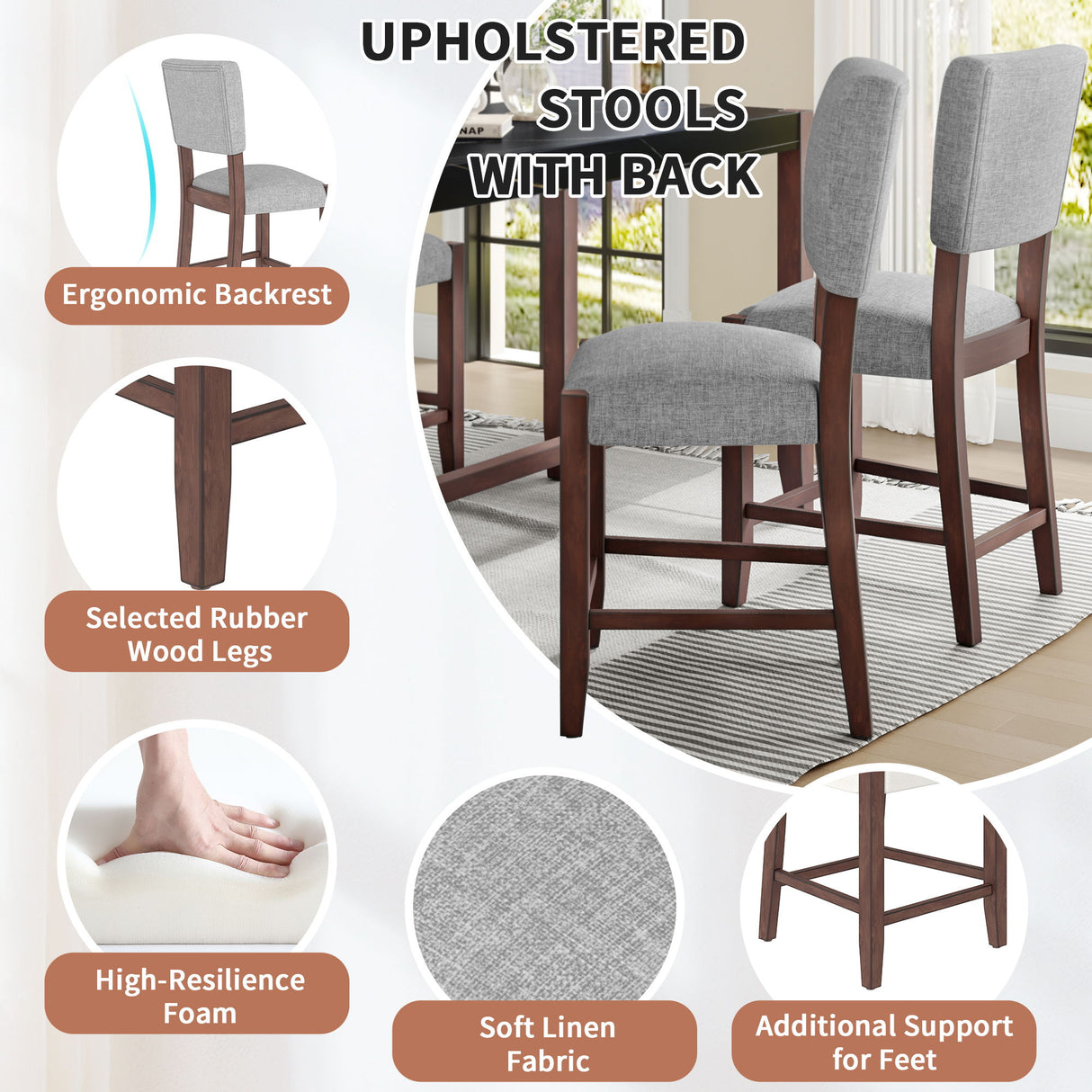 5 Piece Counter Height Dining Set, Bar Table With 4 Upholstered Chairs