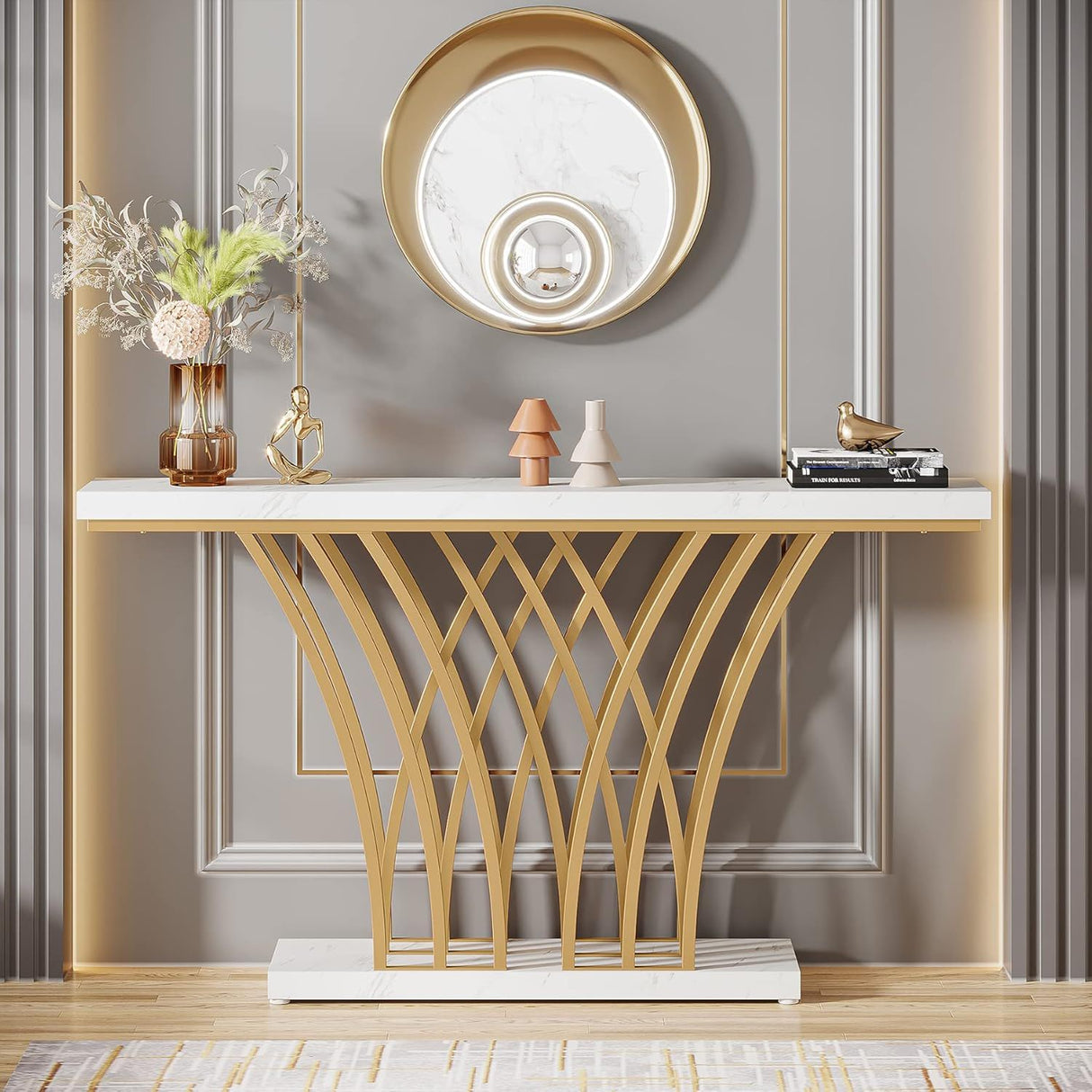 Console Table With Grid Base For Living Hallway - White / Gold