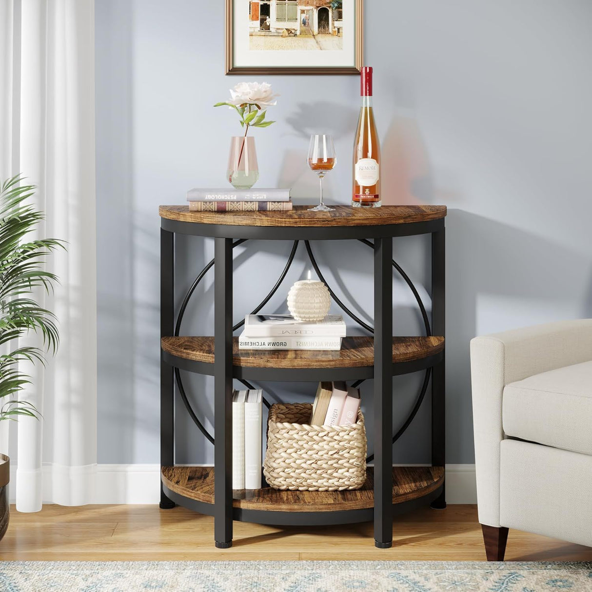 3 Tier Half Moon End Table, Space Saving Semi Circle - Deep Rustic Brown