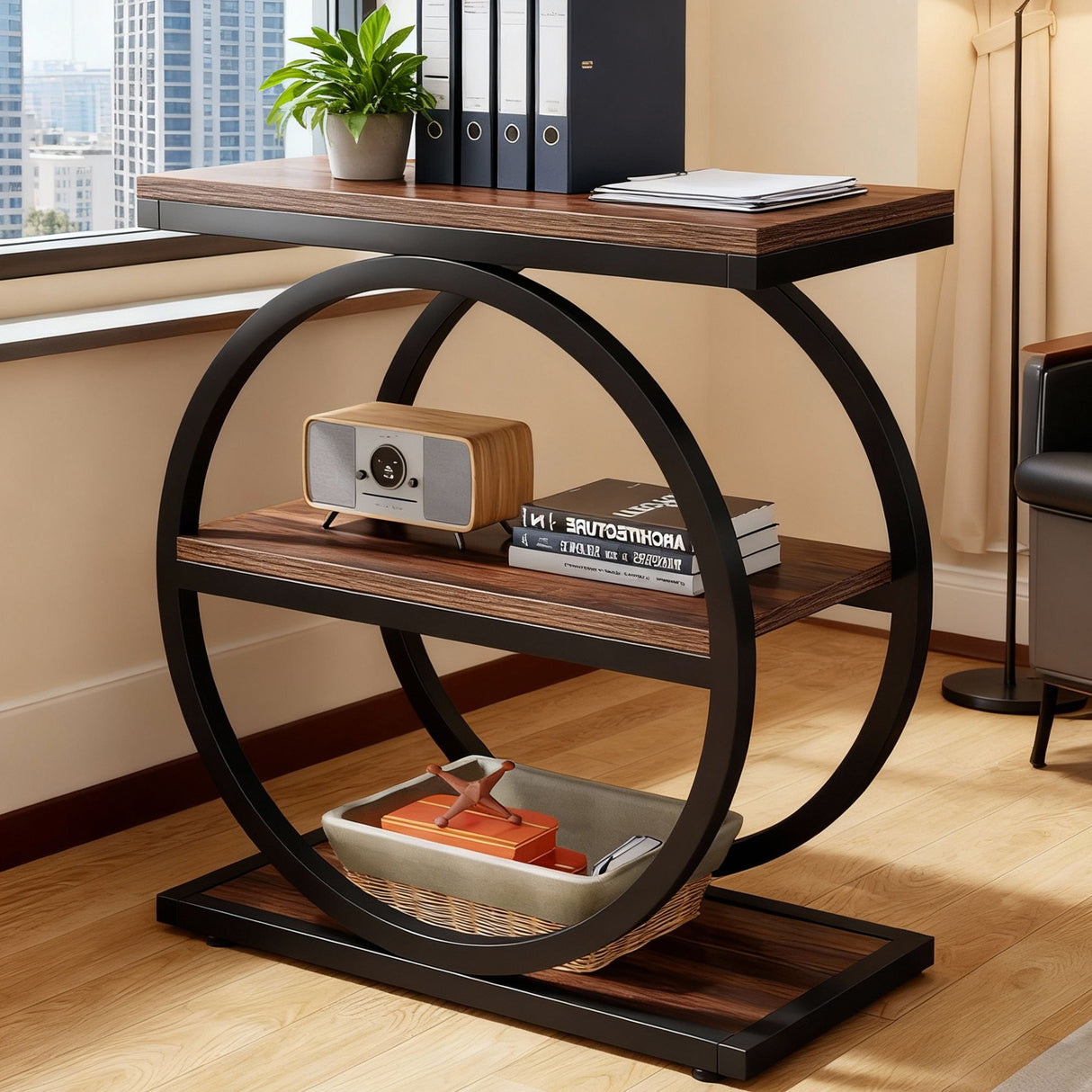 Industrial Narrow End Table With 3 Shelves