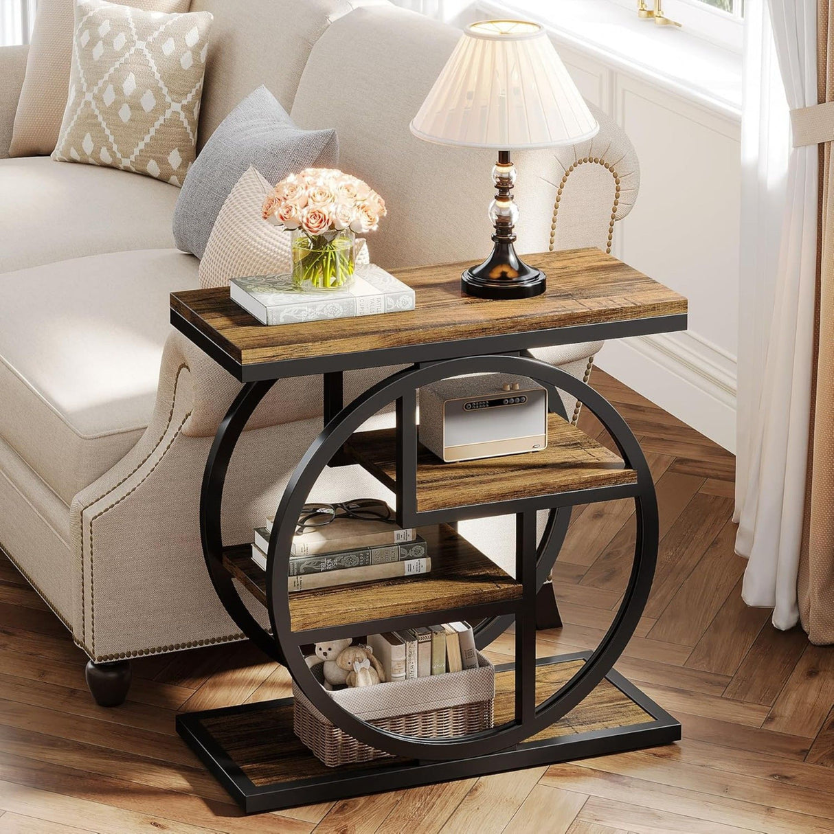 4 Tier Narrow End Table With Storage Shelves For Living Bedroom, Small Spaces - Rustic Brown