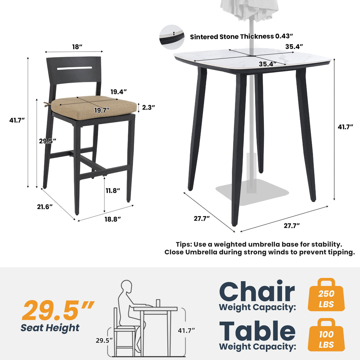 5 Pieces Outdoor Patio Bar Set, Rounded Square Table & 4 Aluminum Bar Stools