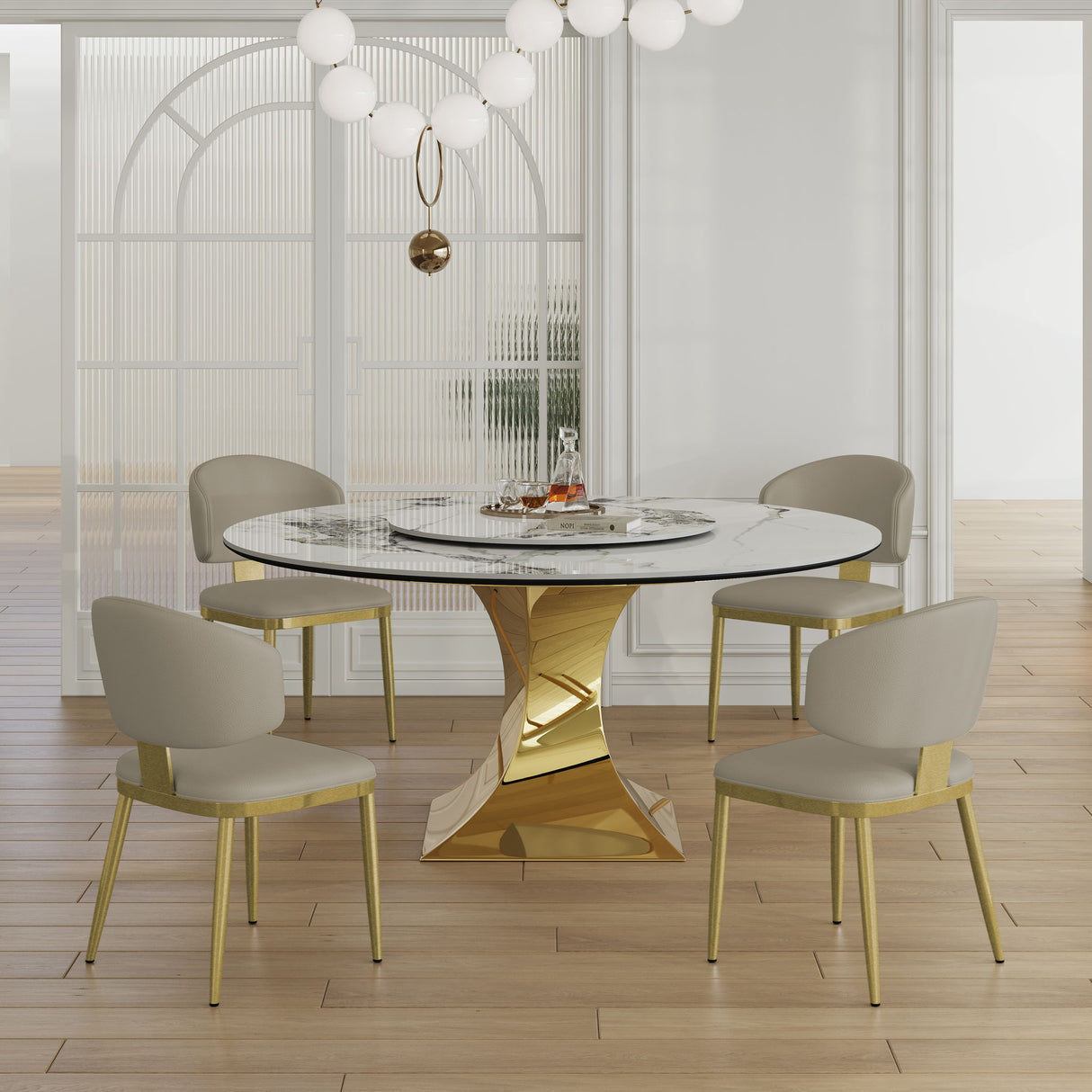 Luxury Round 59" Sintered Stone Dining Table With Stainless Steel Hourglass Base, Scratch & Heat Resistant Surface - Golden / White