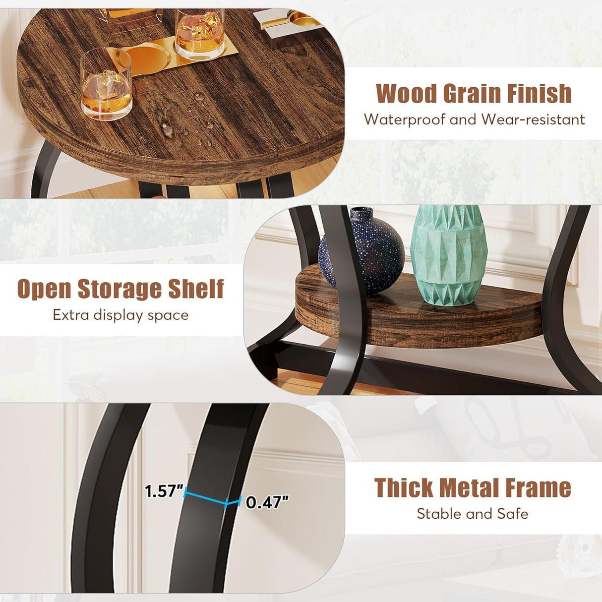 Half Round End Table With Frame, 2 Tier Semi Circle For Entryway - Brown / Black