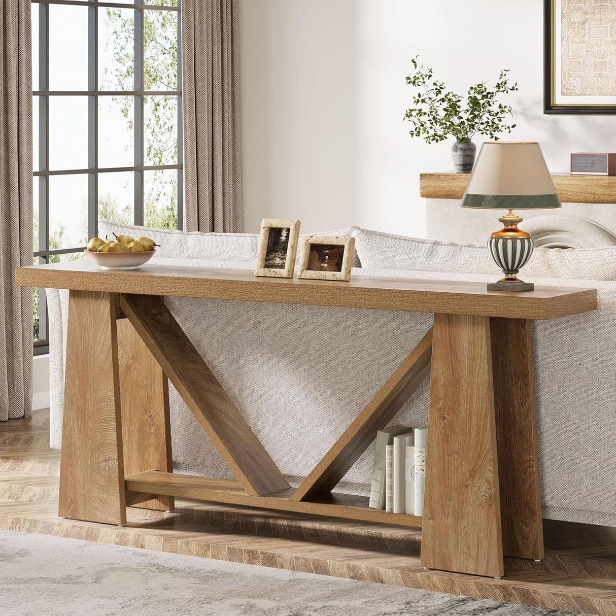 Slim 2 Tier Entryway Accent Extra Long Console Table For Living Room - Natural / Light Brown