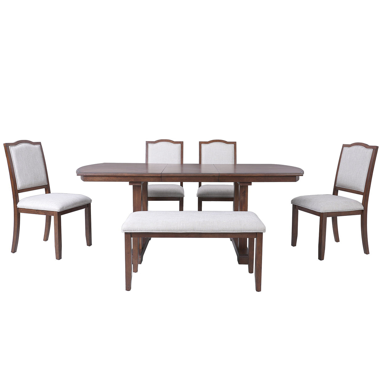 6 Piece Extendable Dining Table Set, Wood Table With Removable Leaf, 4 Upholstered Chairs And Bench - Cherry