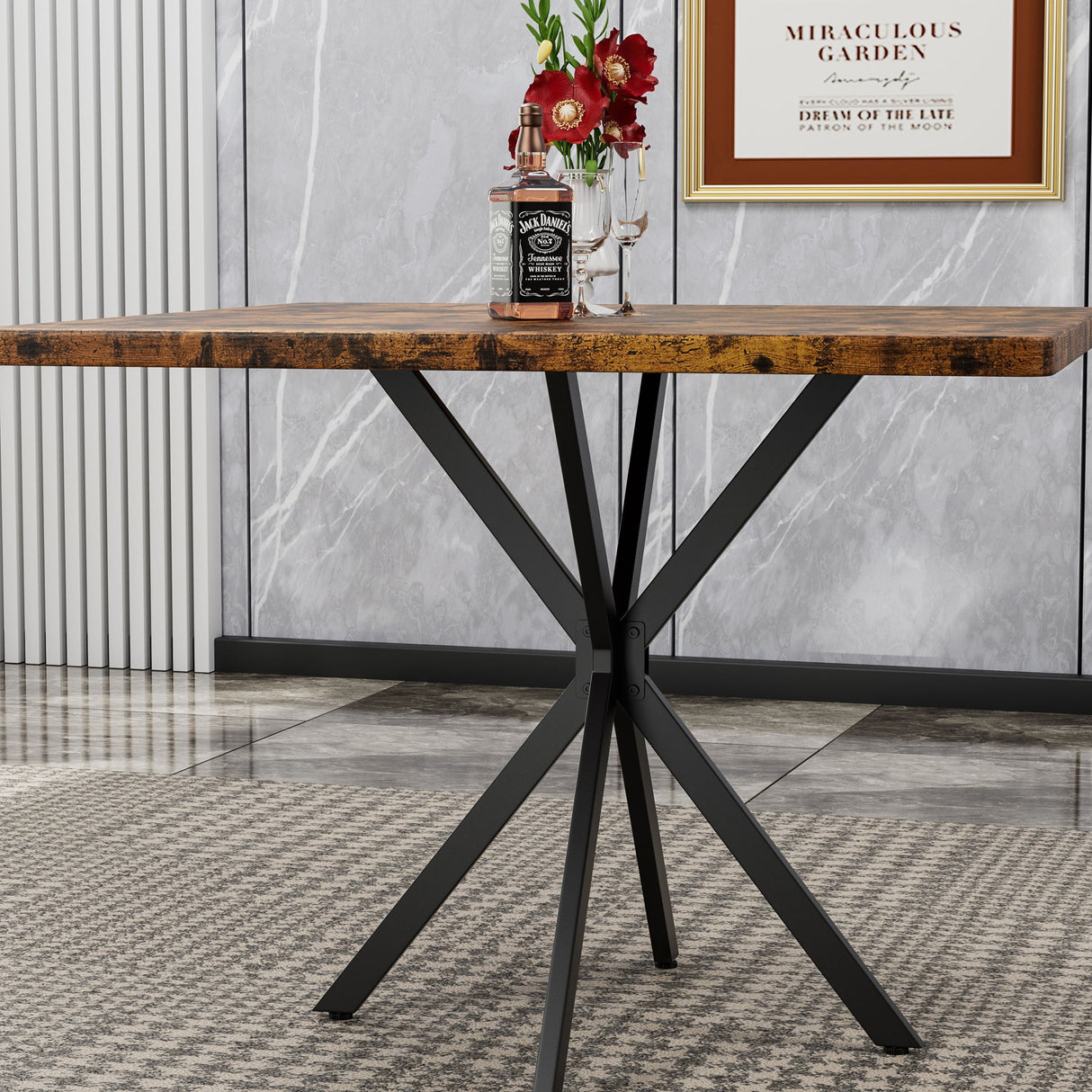 Mid Century Modern Square Dining Table Set With Faux Marble Tabletop And Iron Legs For 4, Space Saving Design - Brown / Blue