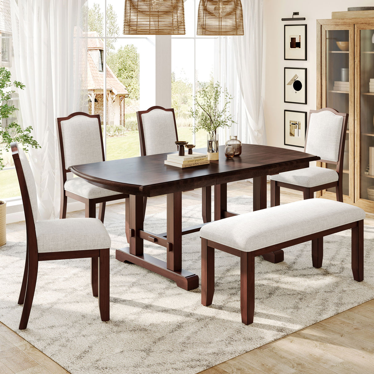 6 Piece Extendable Dining Table Set, Wood Table With Removable Leaf, 4 Upholstered Chairs And Bench - Cherry
