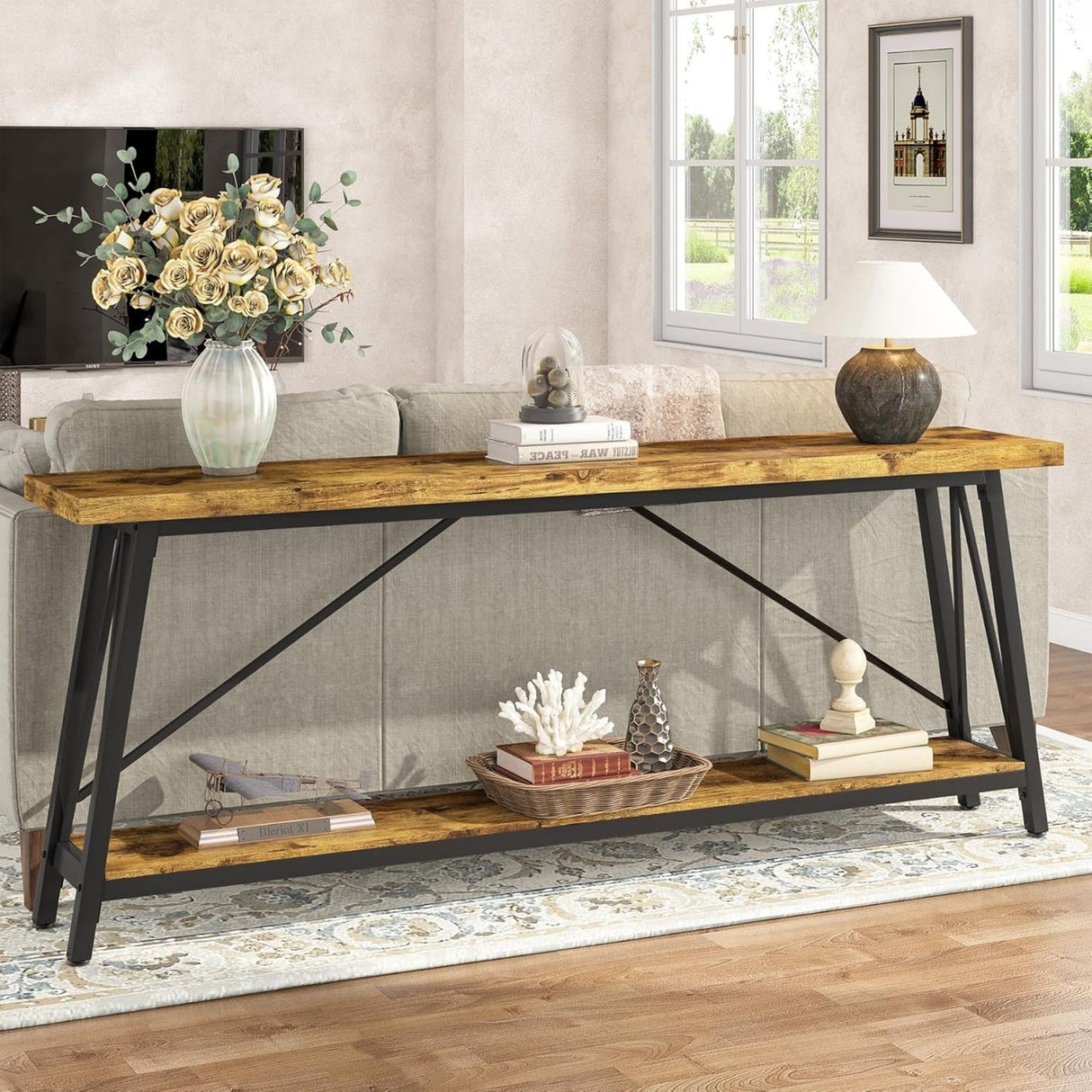 Extra Long Sofa Table For Hallway, Entryway & Living Room - Rustic Brown