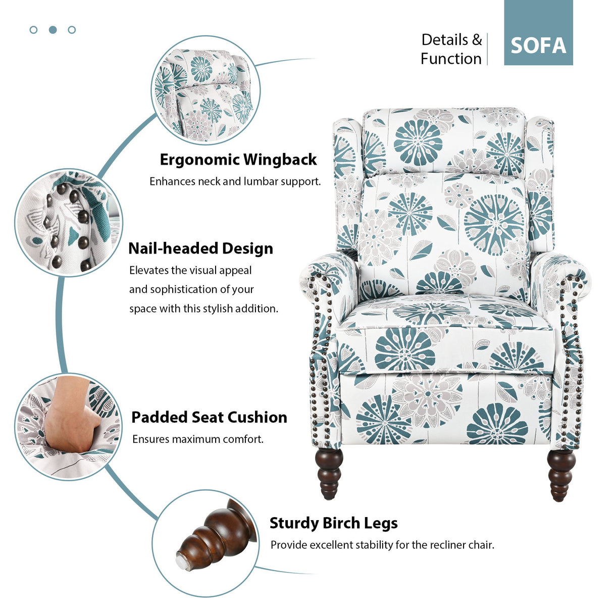 Push Back Recliner Chair Upholstered Recliner Armchair With Classic Wing Back And Solid Gourd-Shaped Legs