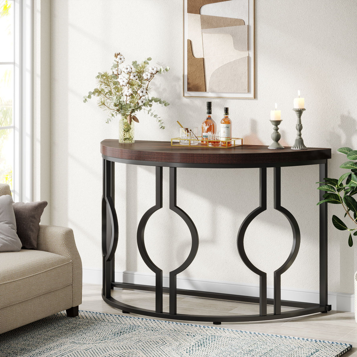 Semi Circle, Half Moon Console Table For Entryway With Geometric Base For Living Hallway - Rustic Brown
