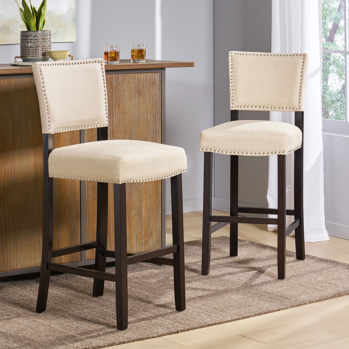 Barstools With Rivet Decoration (Set of 2), Wood Frame, Bar Chairs For Kitchen Island - Beige