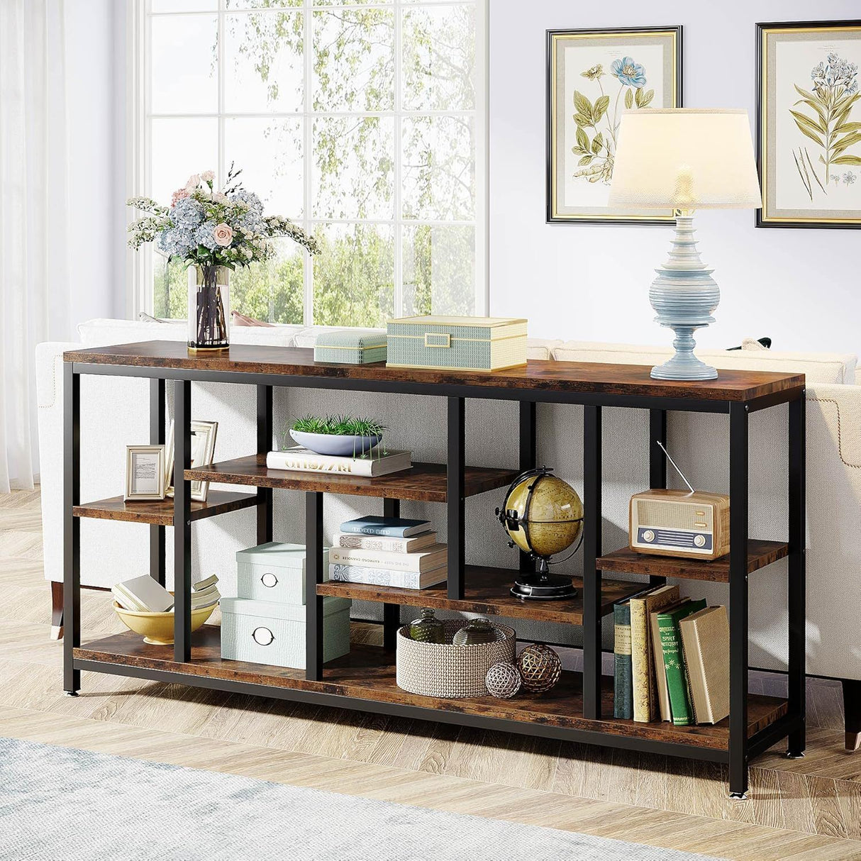 Tribesigns - Extra Long Console Table, 3 Tier With Storage Shelves - Rustic Brown