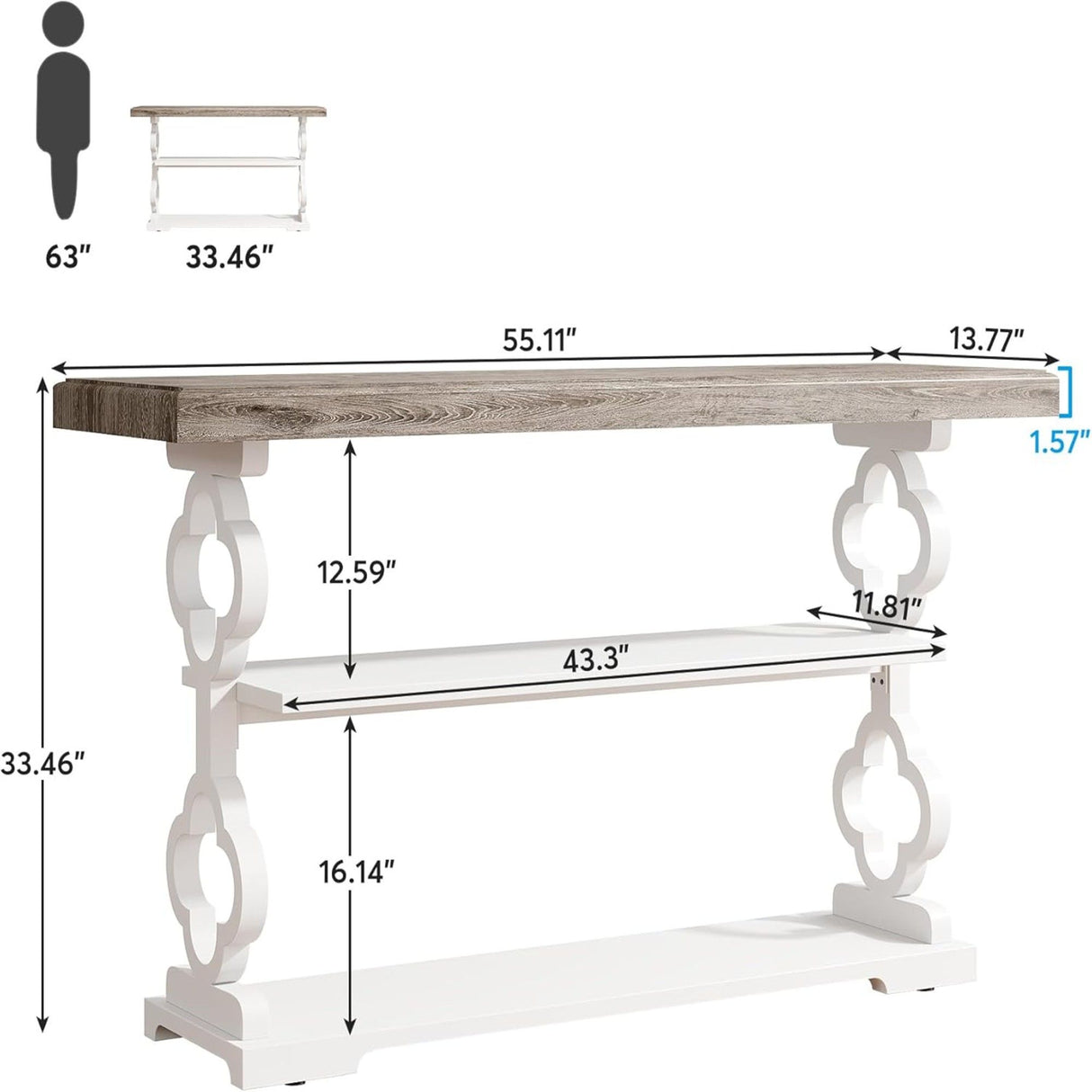 Console Sofa Table With 3 Shelves, Floral Carved Accent - Gray / White