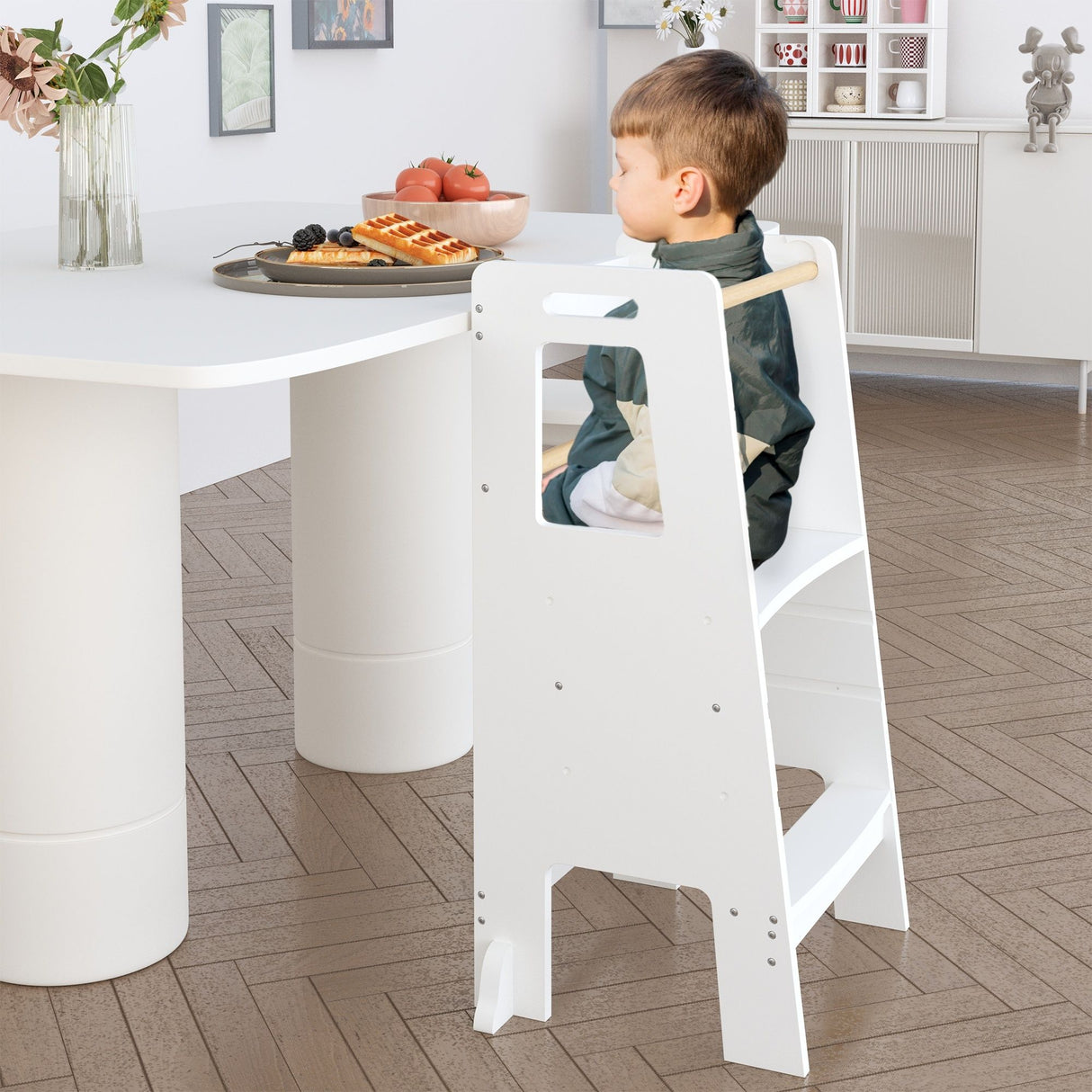 Standing Tower, Child Kitchen Step Stool Toddler, Montessori Stool Adjustable Height - White