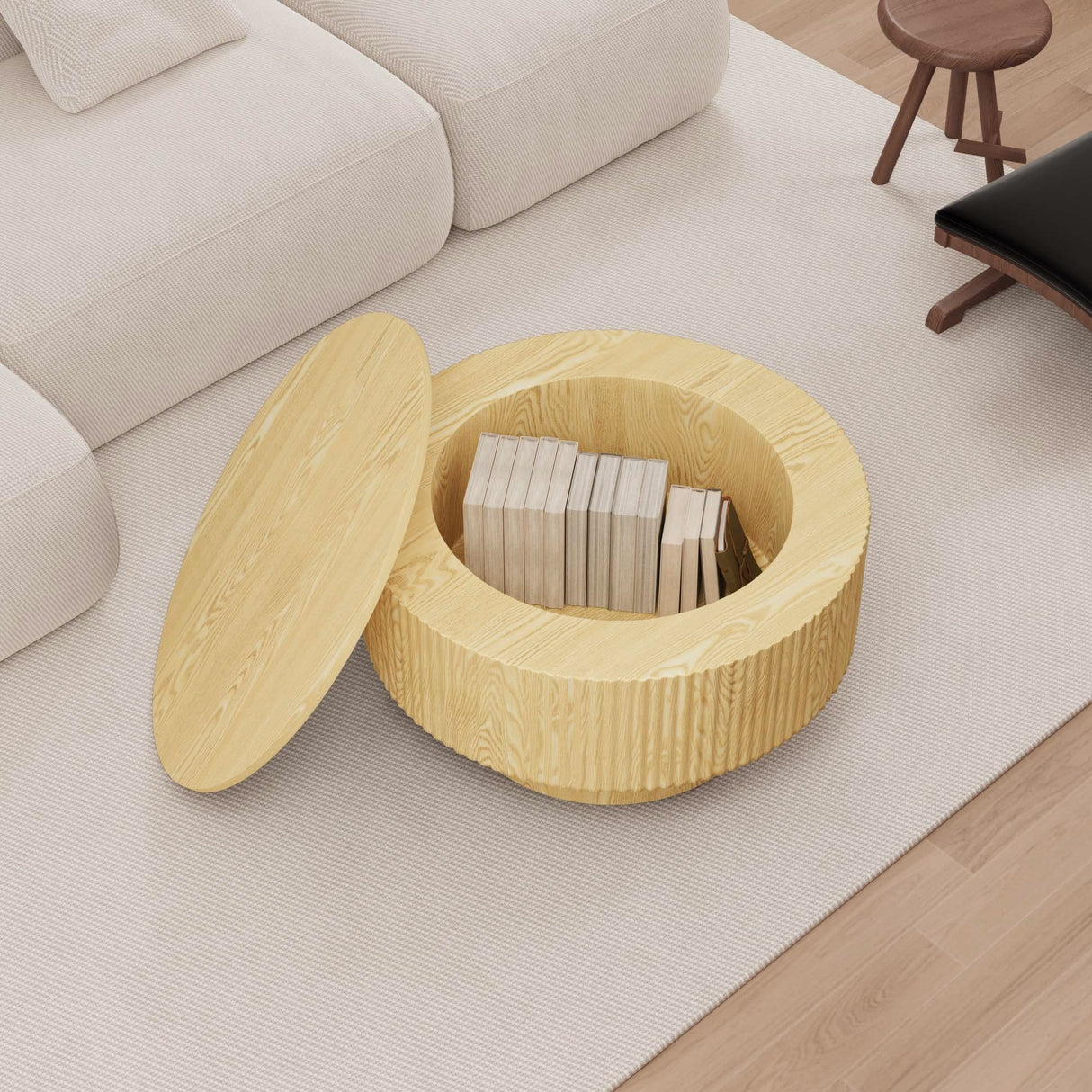 Modern Circular Coffee Table With Stripe Design And Storage Space