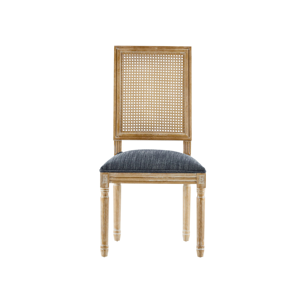 French Country Dining Chair With Rectangular Cane Backrest And Smooth Upholstered Seating