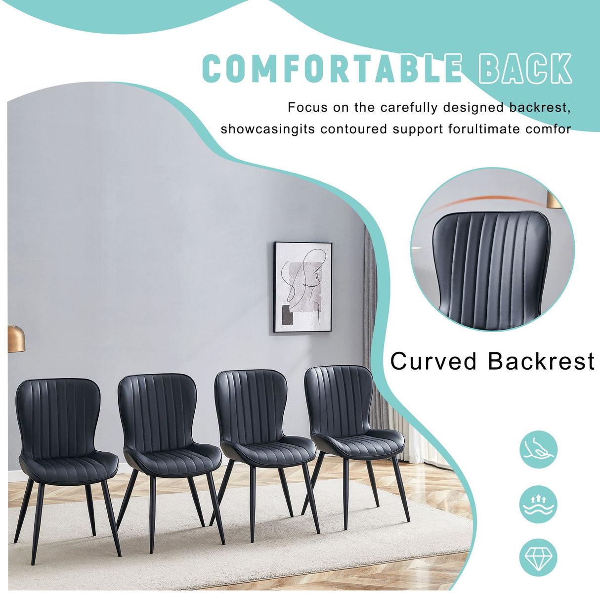Minimalist Ergonomic Dining Chair (Set of 4) With Curved Cushions And Metal Frame - Black