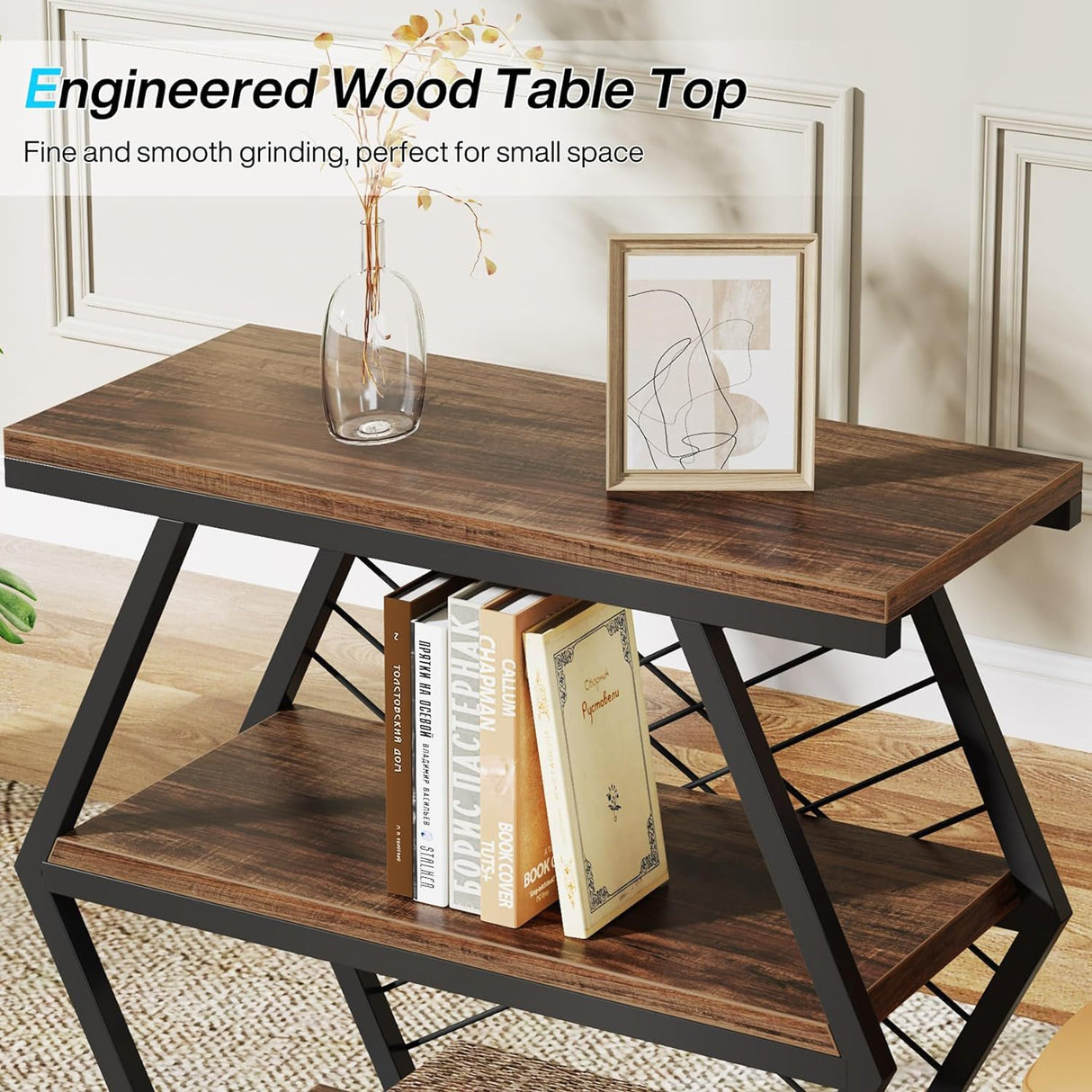 3 Tier End Table Frame With Geometric Design For Living Bedroom - Rustic Brown