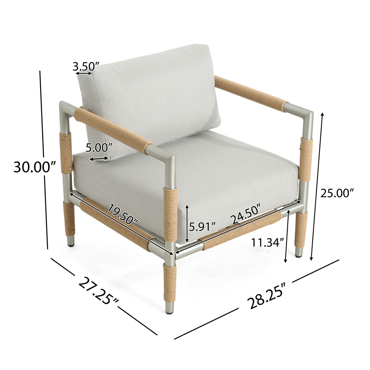 Oriana - Aluminum Outdoor Patio Armchair With Thick Cushions - Light Gray