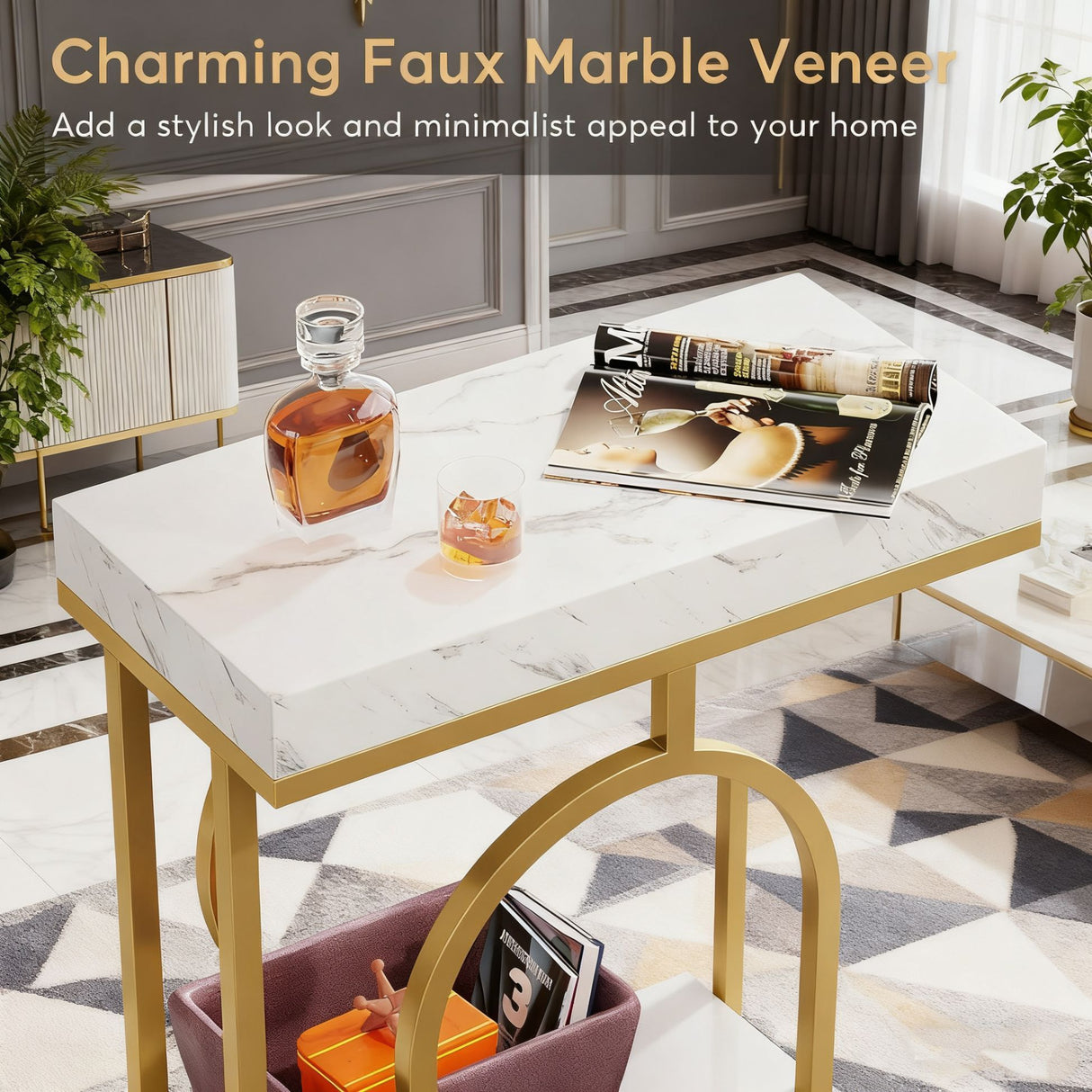 C-Shaped Sofa Side Table For Living Room - White / Gold