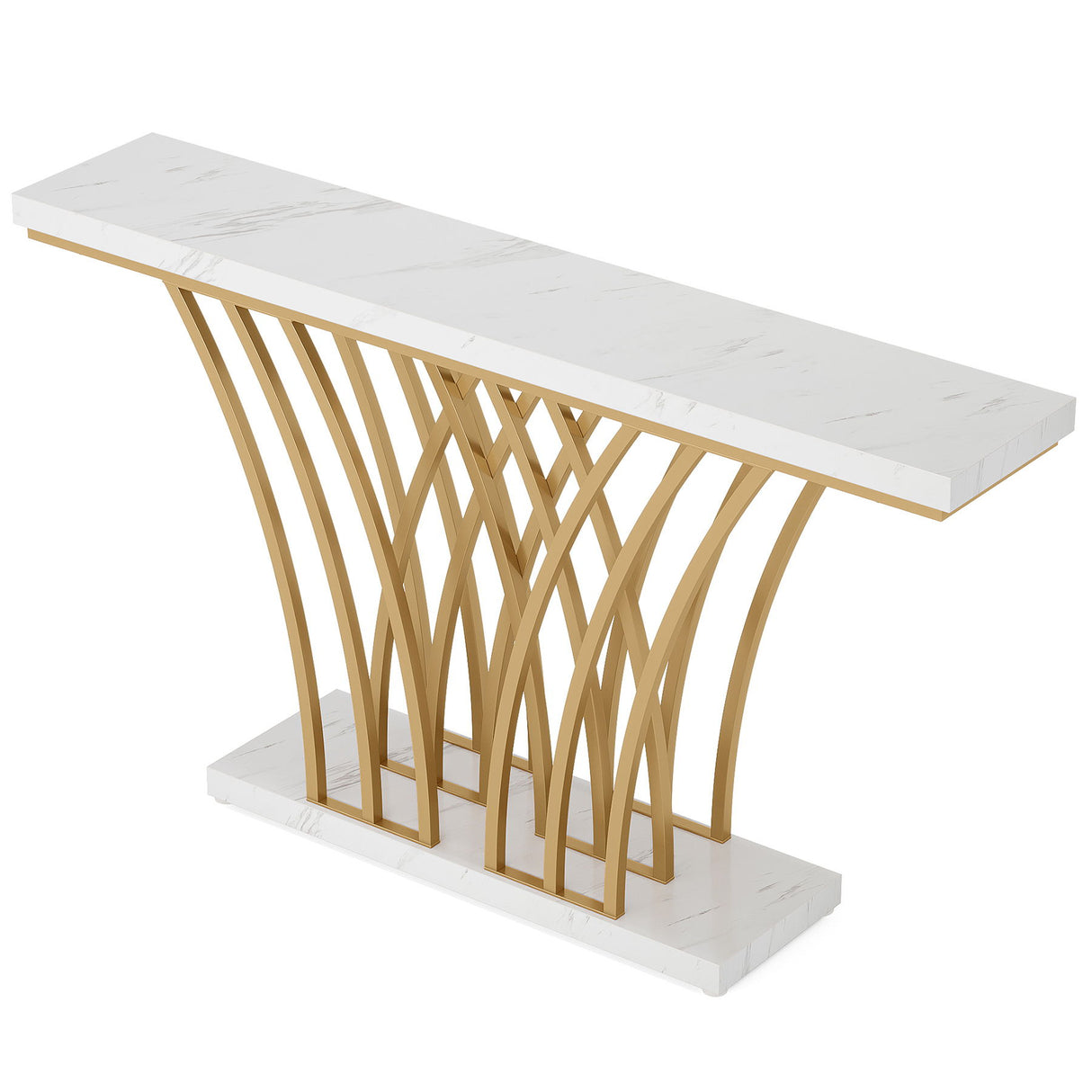 Console Table With Grid Base For Living Hallway - White / Gold