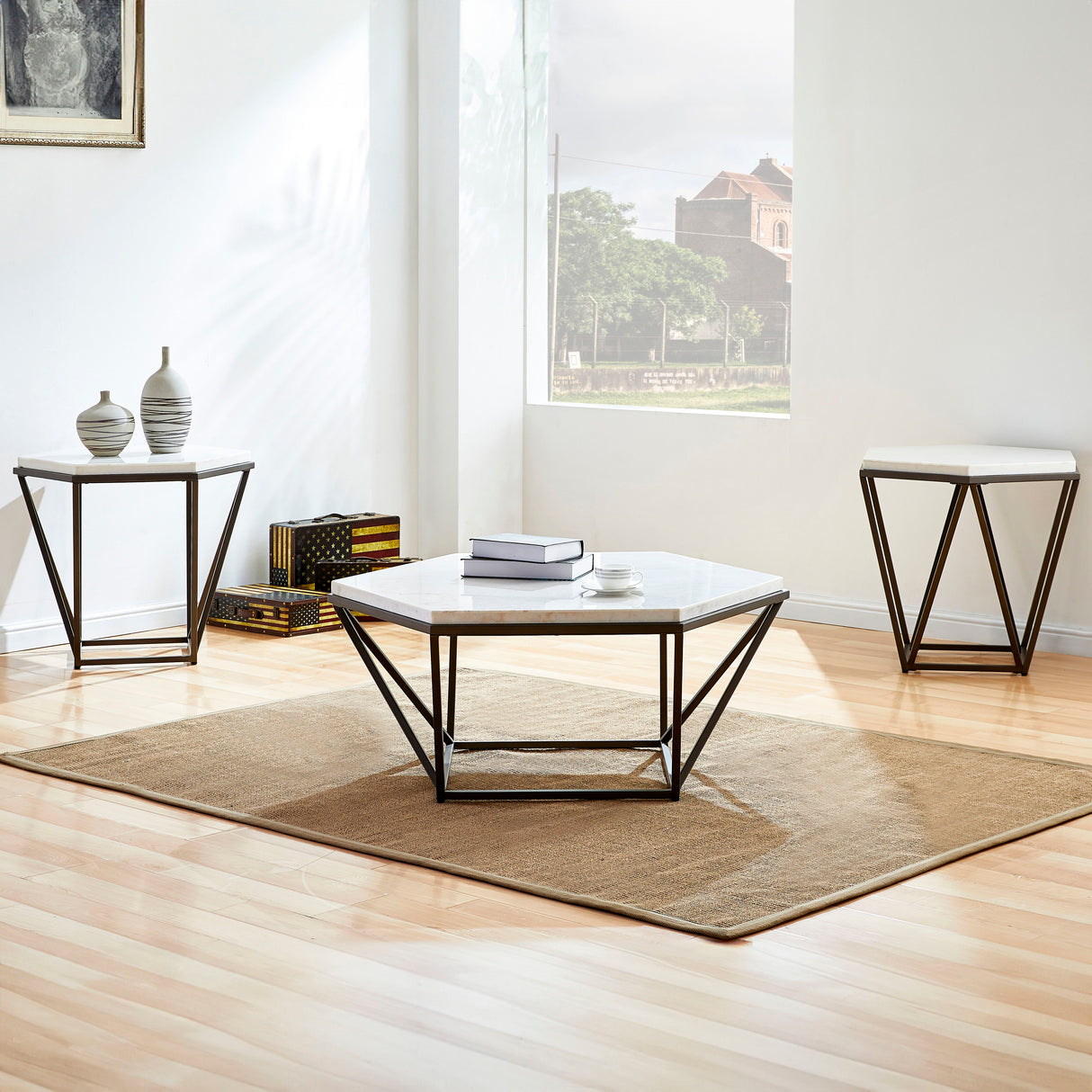 Corvus - White Marble Top Hexagon - White