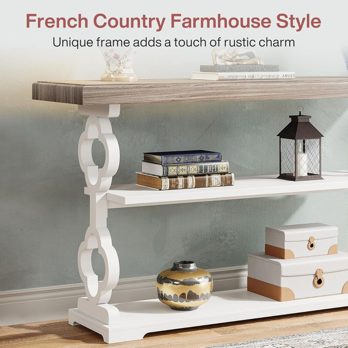 Console Sofa Table With 3 Shelves, Floral Carved Accent - Gray / White