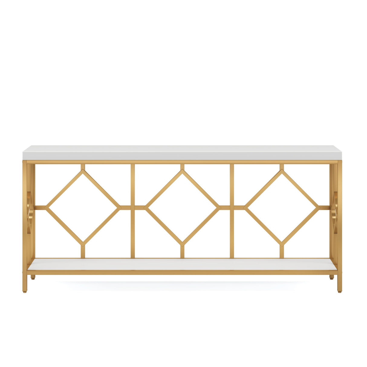 Extra Long Sofa Table With Diamond Pattern Frame, 2 Tier Open Storage For Living Room - White / Gold