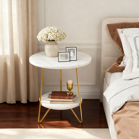 Round End Table With Hairpin Legs, 2 Tier For Living Room - White / Gold