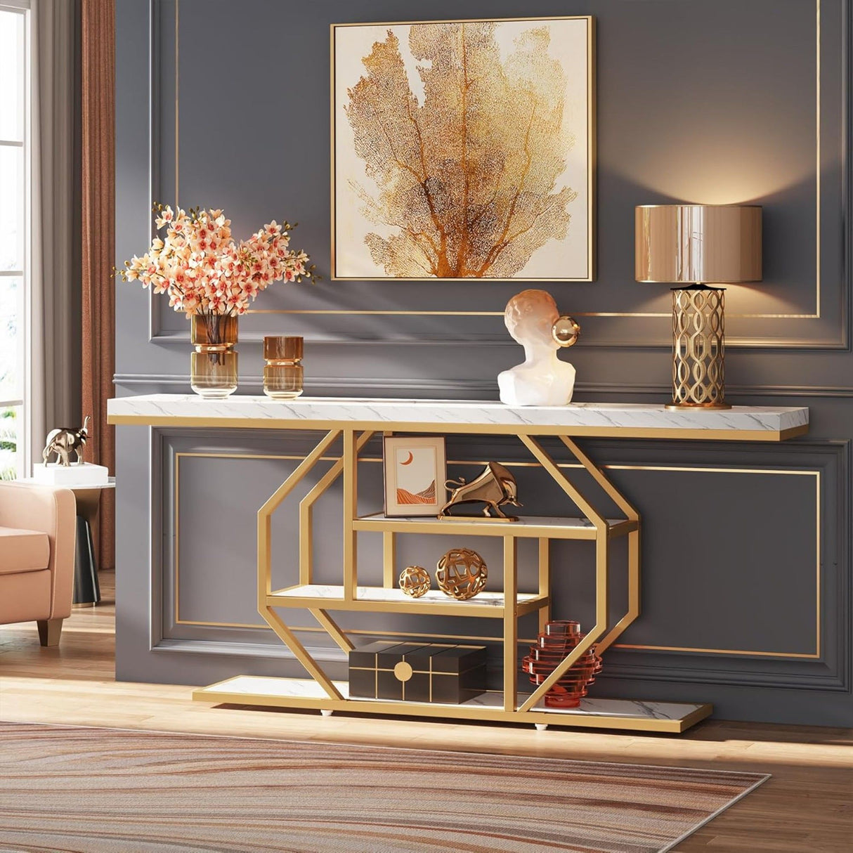 Extra Long Console Table With 4 Tier Storage For Living Hallway - White / Gold