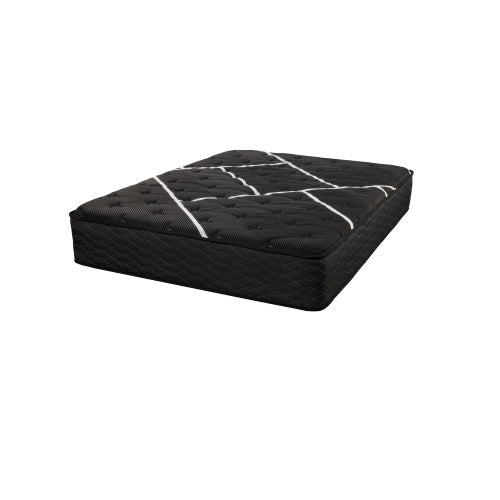Restonic Black Hybrid Plush mattress with cooling tech, TempaGel memory foam, and Marvelous Middle support.