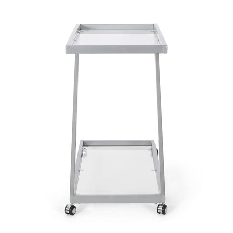 Modern Z Shaped Bar Cart With Tempered Glass Shelves - Silver