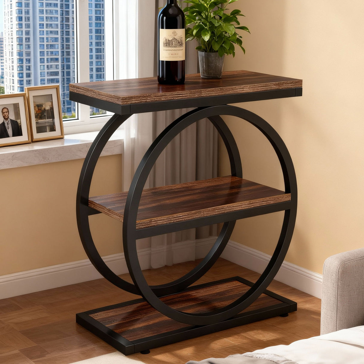 Industrial Narrow End Table With 3 Shelves
