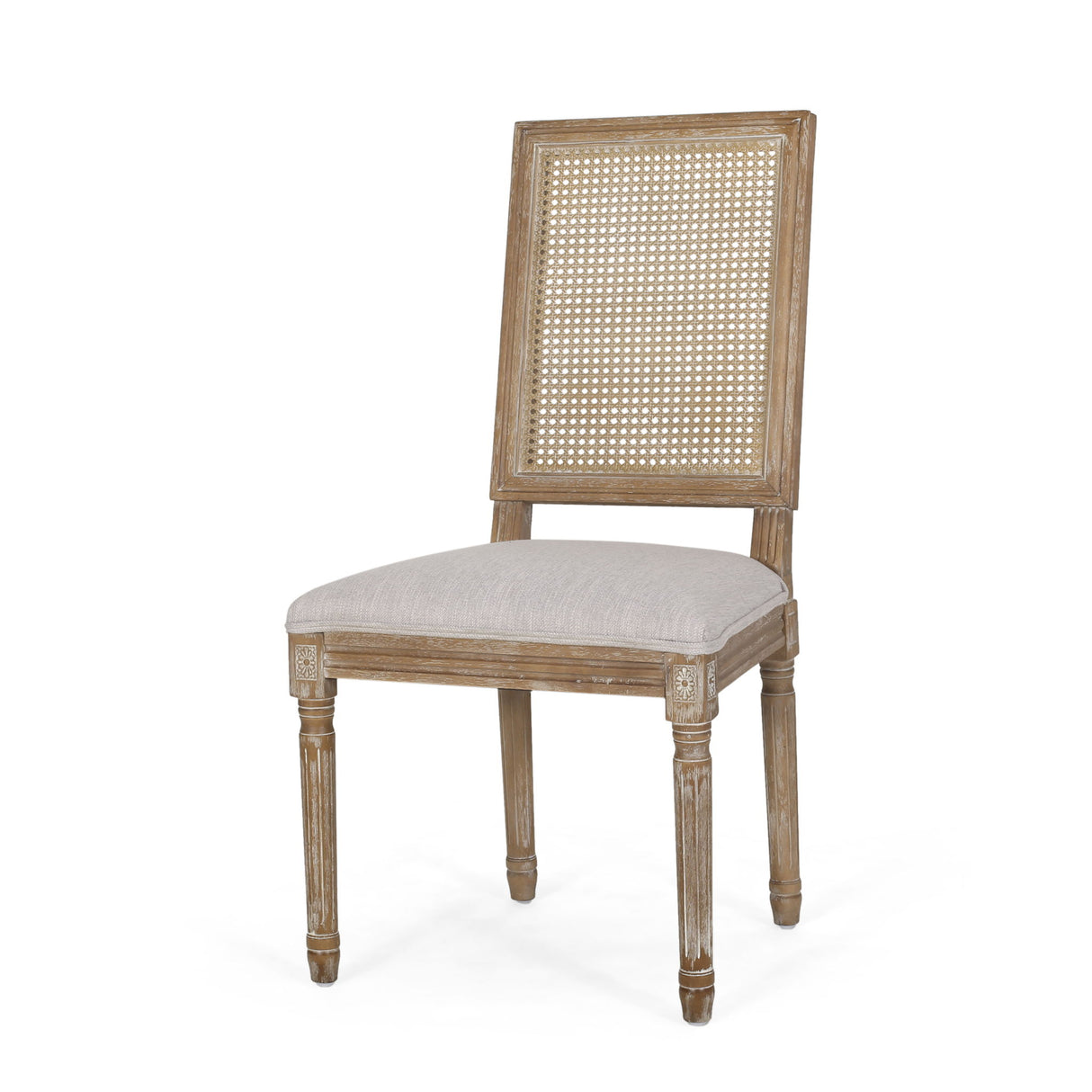 French Country Dining Chair With Rectangular Cane Backrest And Smooth Upholstered Seating
