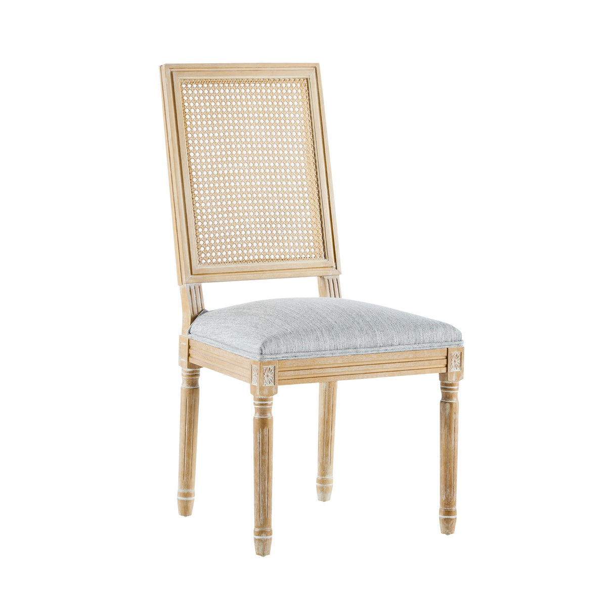 French Country Dining Chair With Rectangular Cane Backrest And Smooth Upholstered Seating