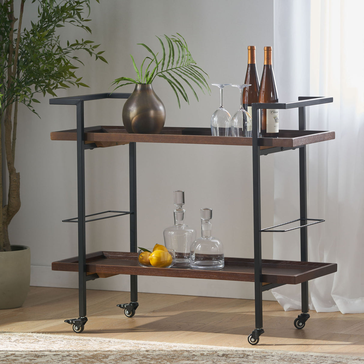 Modern Industrial Bar Cart With Shelving And Casters