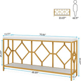 Extra Long Sofa Table With Diamond Pattern Frame, 2 Tier Open Storage For Living Room - White / Gold
